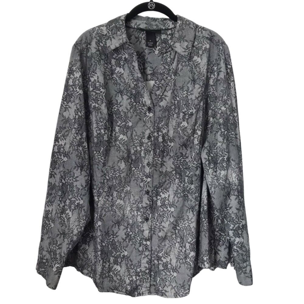 Lane Bryant Womens Top Size 26 Black Floral Long Sleeve Button Down Blouse